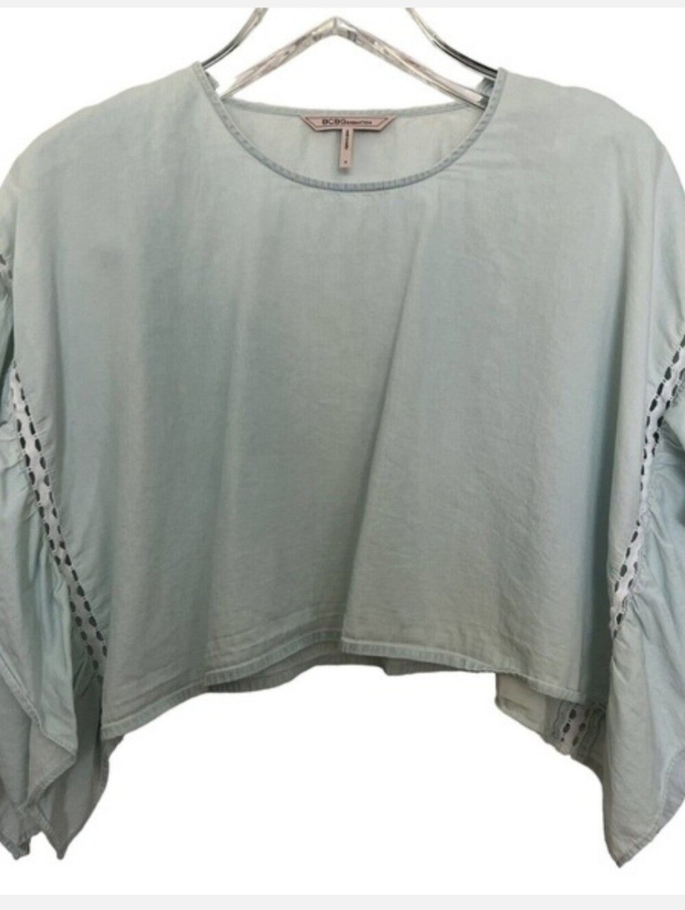 BCBGeneration Women's Light Blue Cropped Cotton Ruffle Sleeve Top, Sz Medium